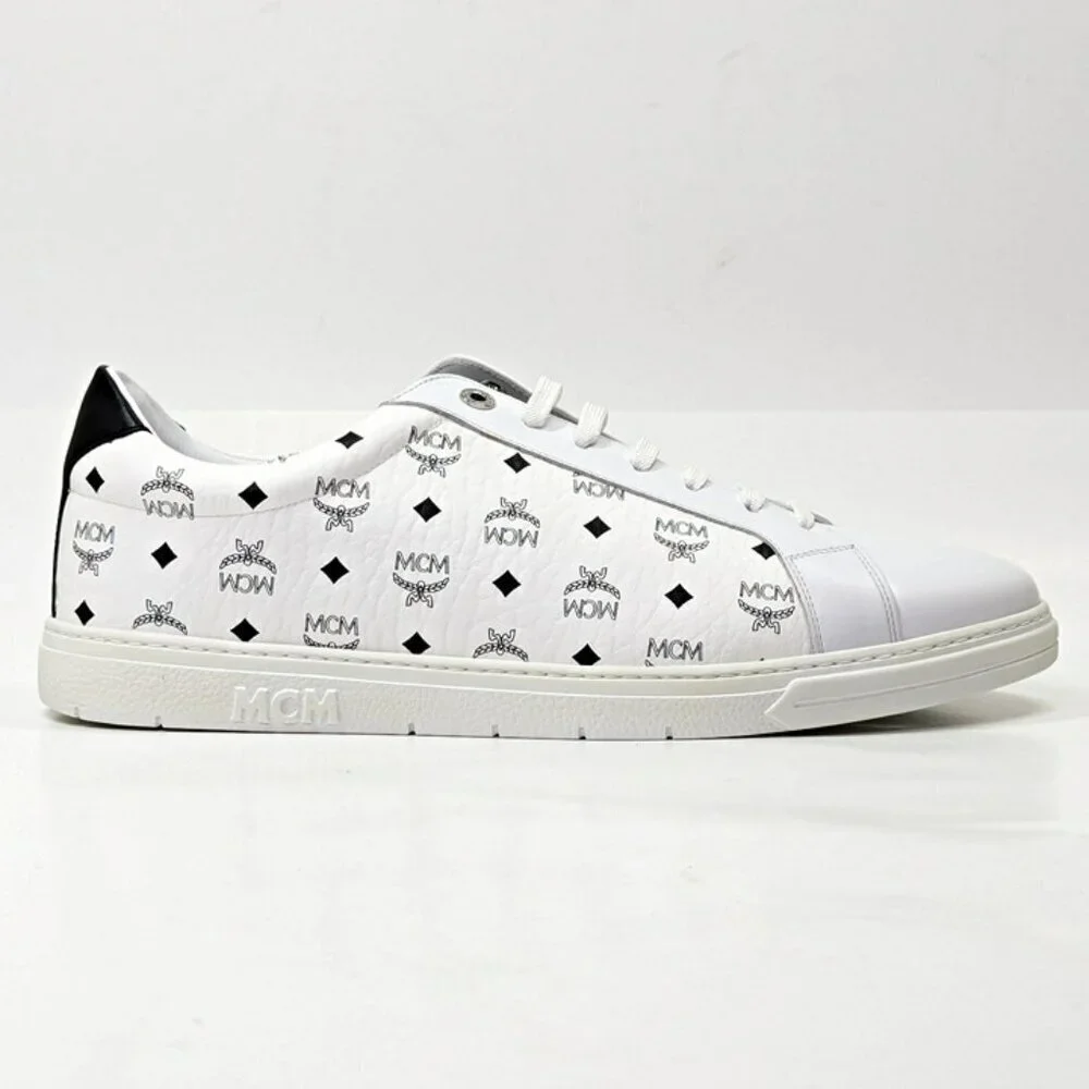 MCM Men's Terrain Derby Visetos Logo White Leather Sneakers Size 46 (MSRP $450)